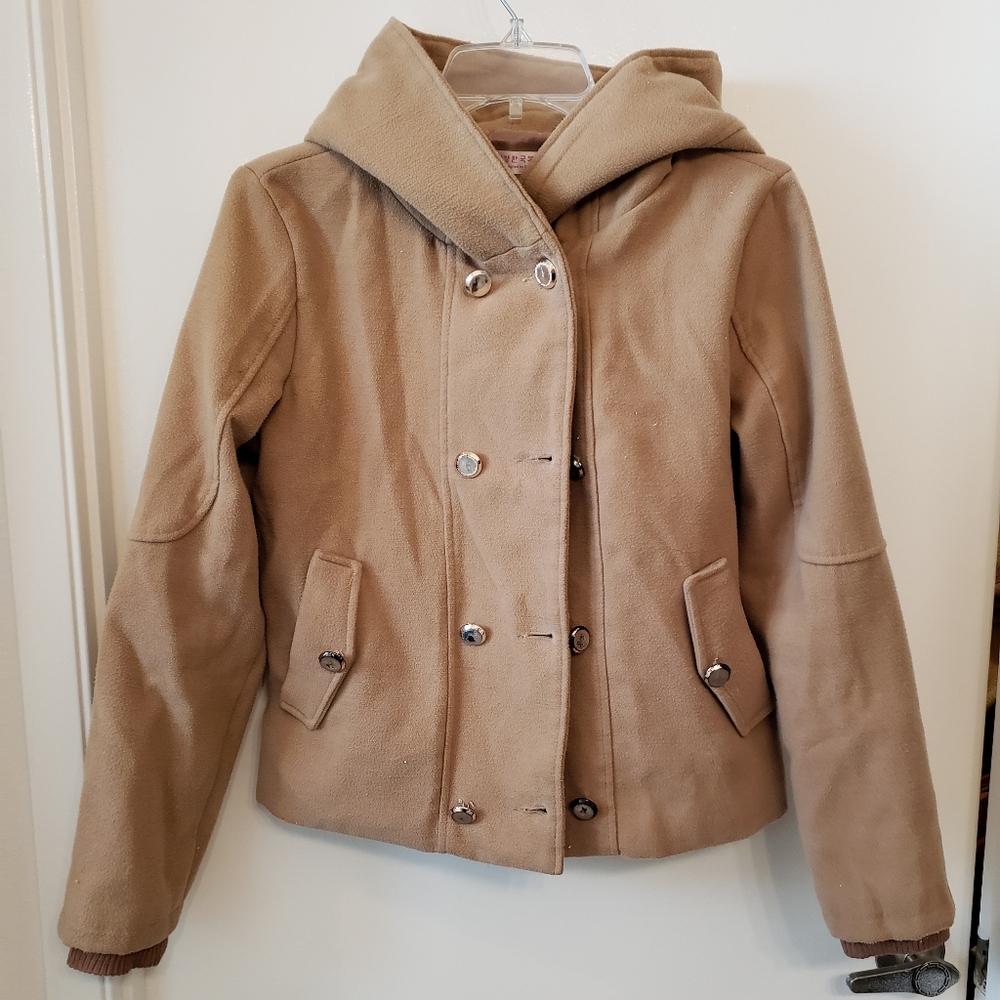 Hooded camel peacoat with gold buttons